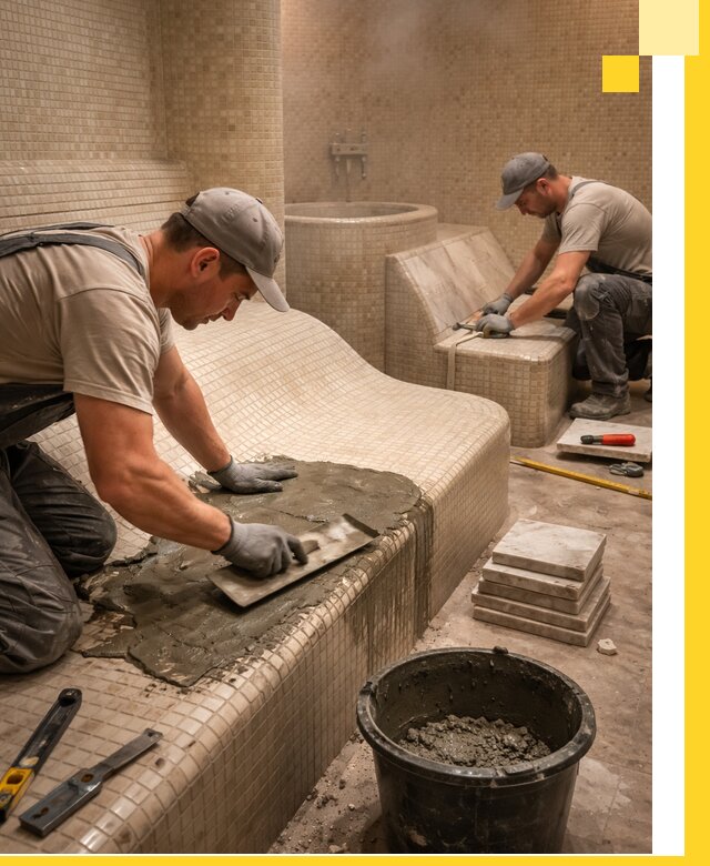 Лежаки для хамама под ключ в Партизанске, проект и монтаж